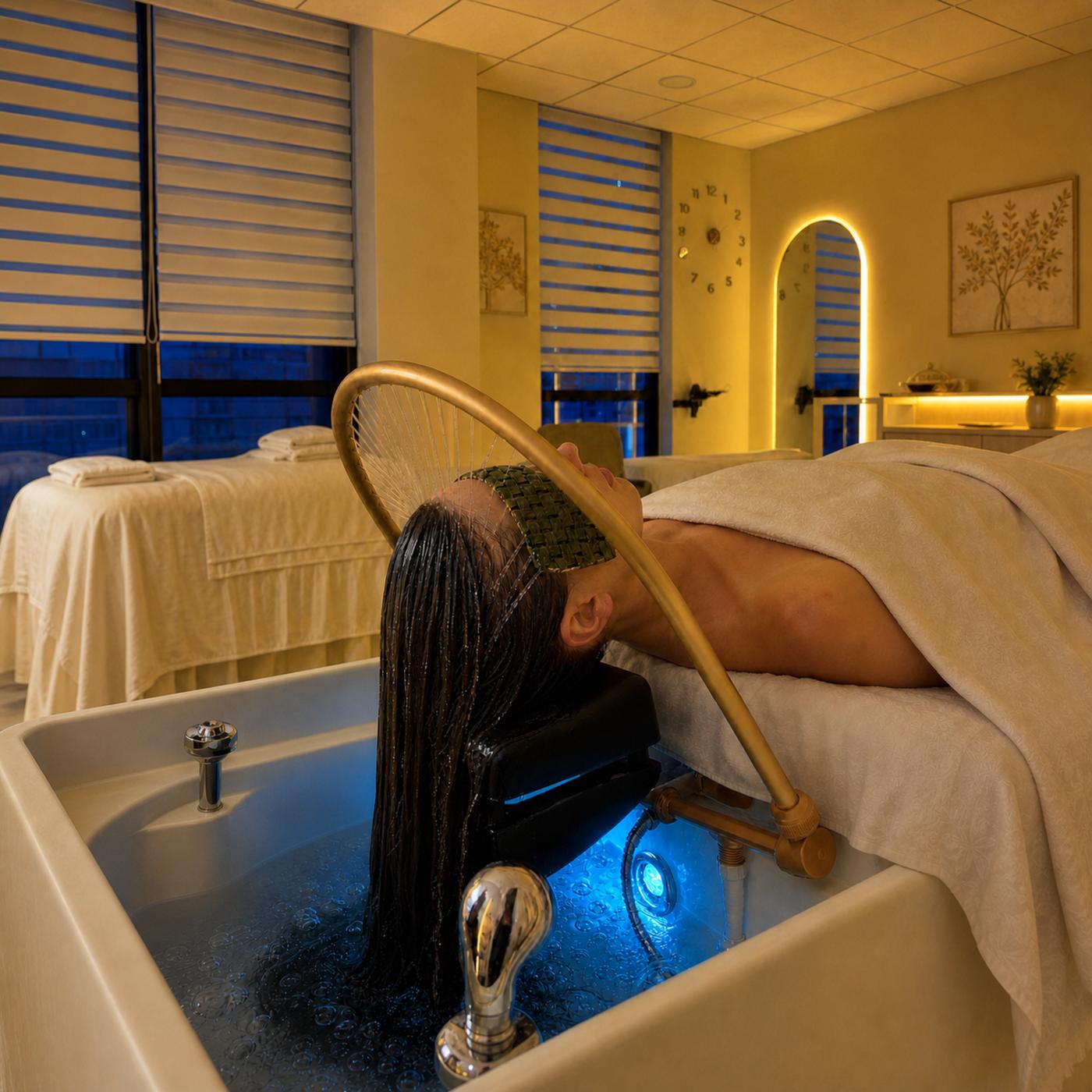 El arco de agua del ritual japonés sobre el cabello, en la sala de Pure Spa en Concón