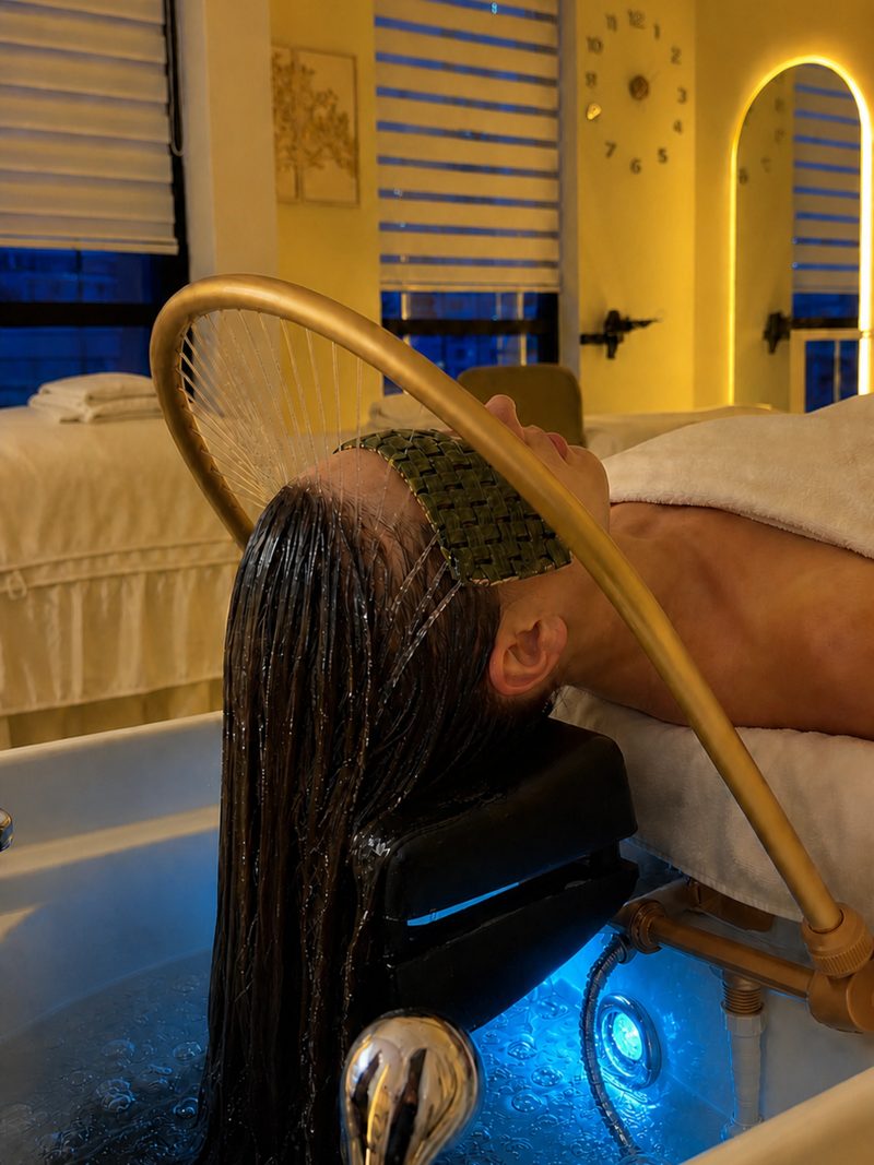 Lavado sensorial en la camilla de head spa, con el arco de agua