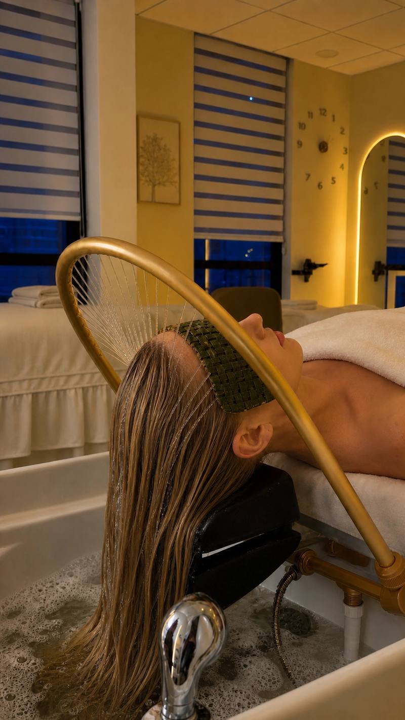 Arco de agua del ritual japonés recorriendo el cabello en Pure Spa